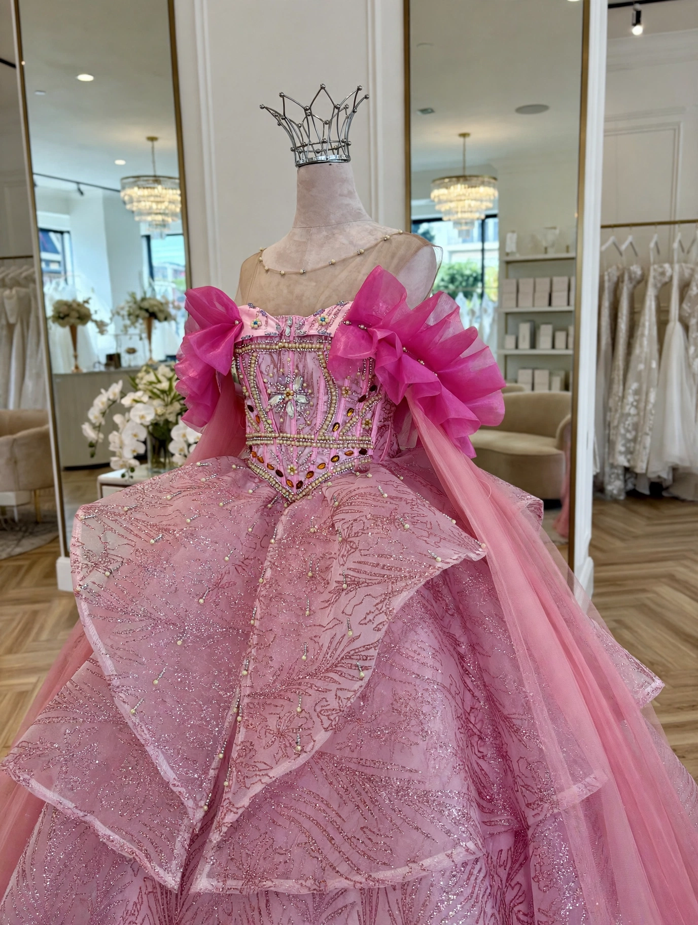 Pink ball gown side view with layered tulle skirt