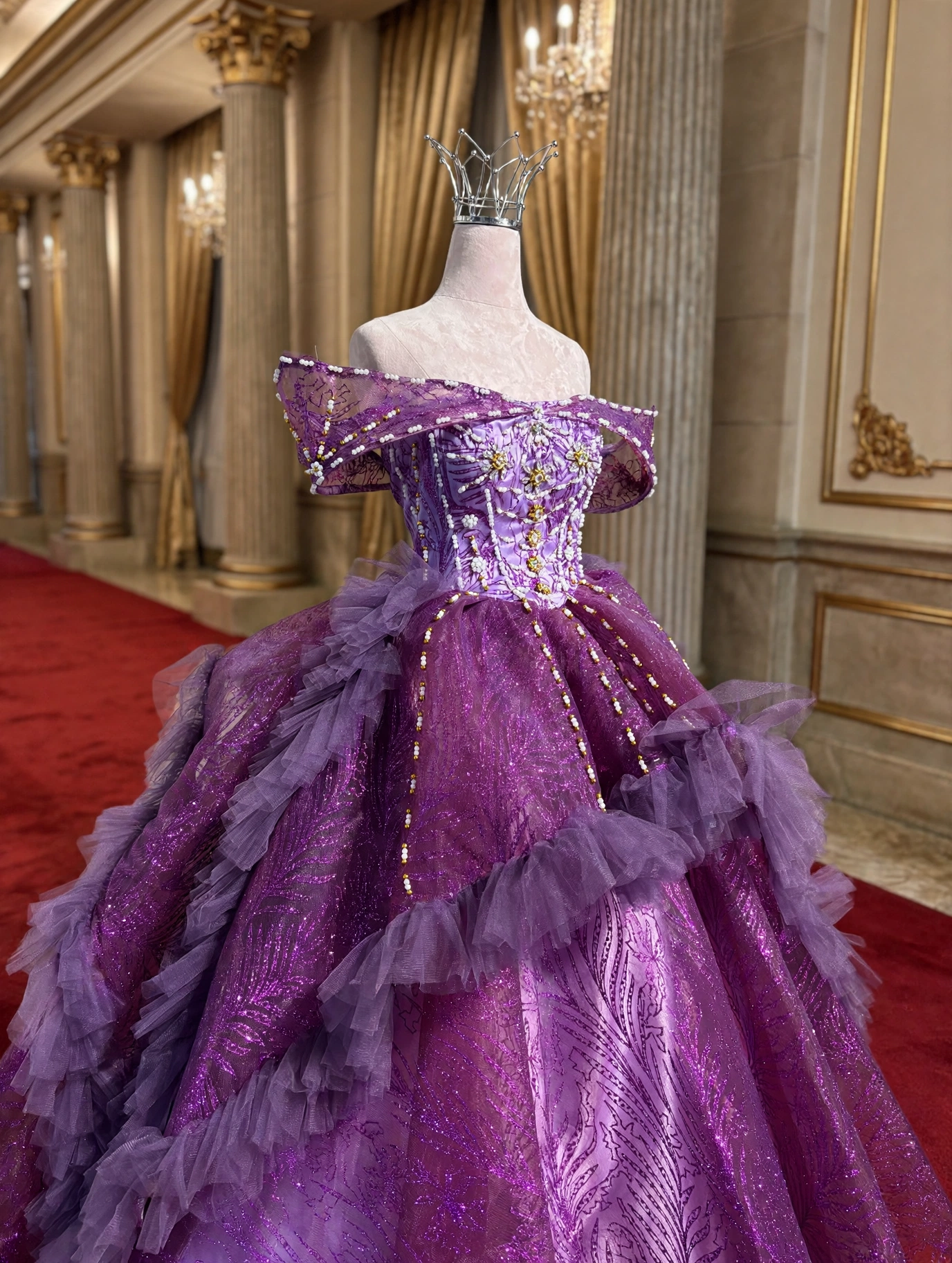Beaded bodice detail on hot pink quinceanera dress
