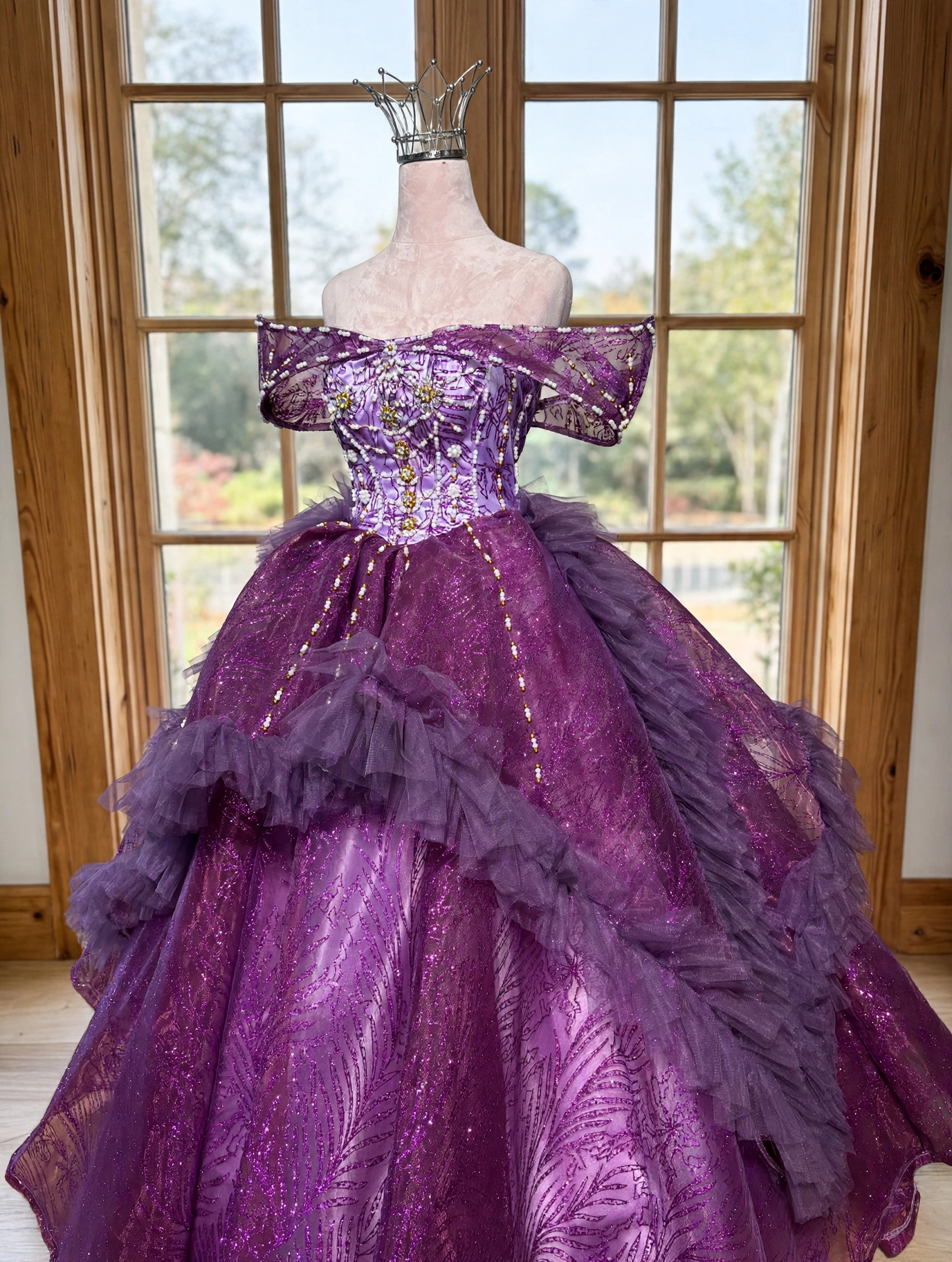 Hot pink ball gown with layered tulle skirt, full view