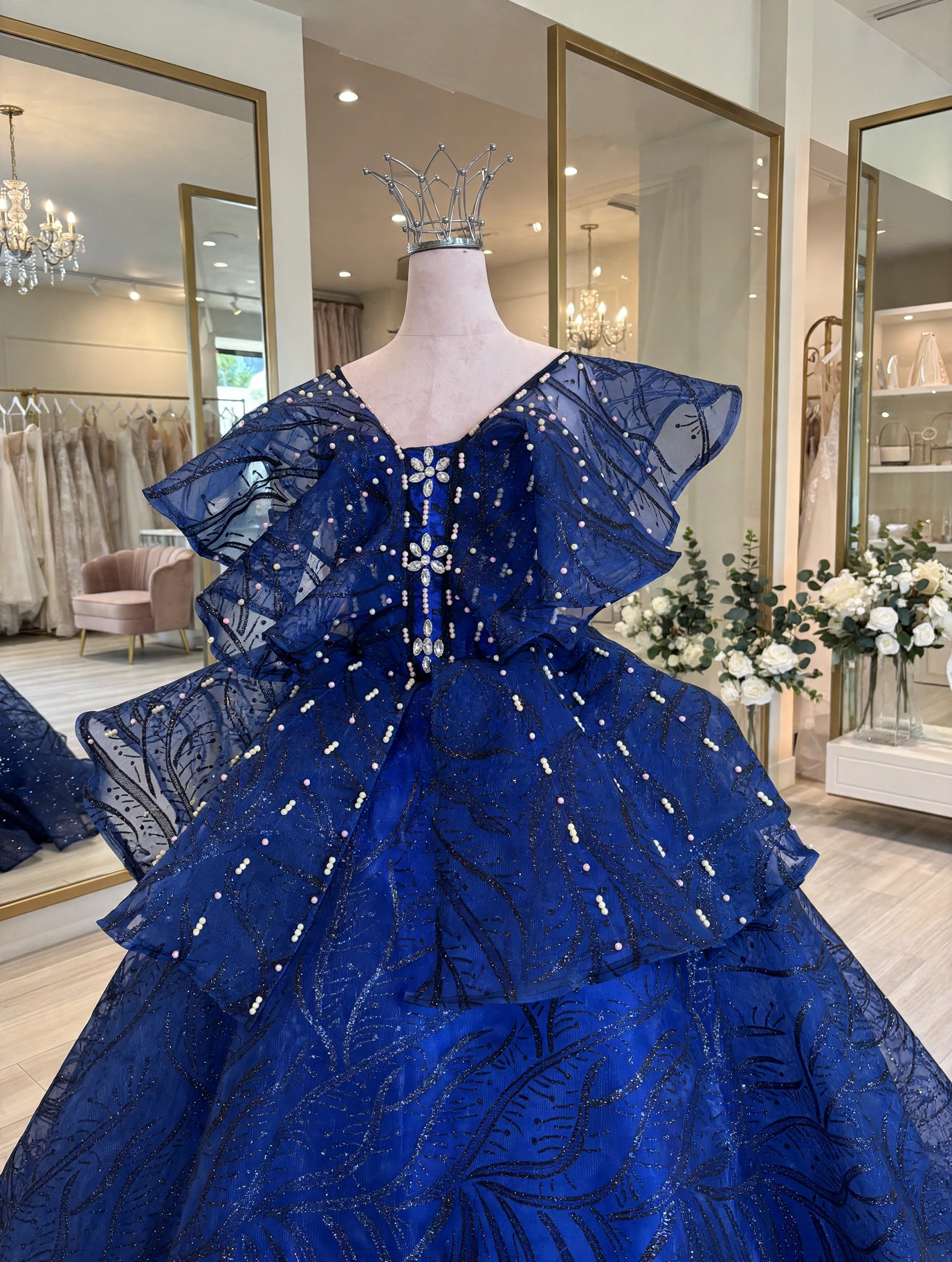 Royal blue glitter ball gown, back view