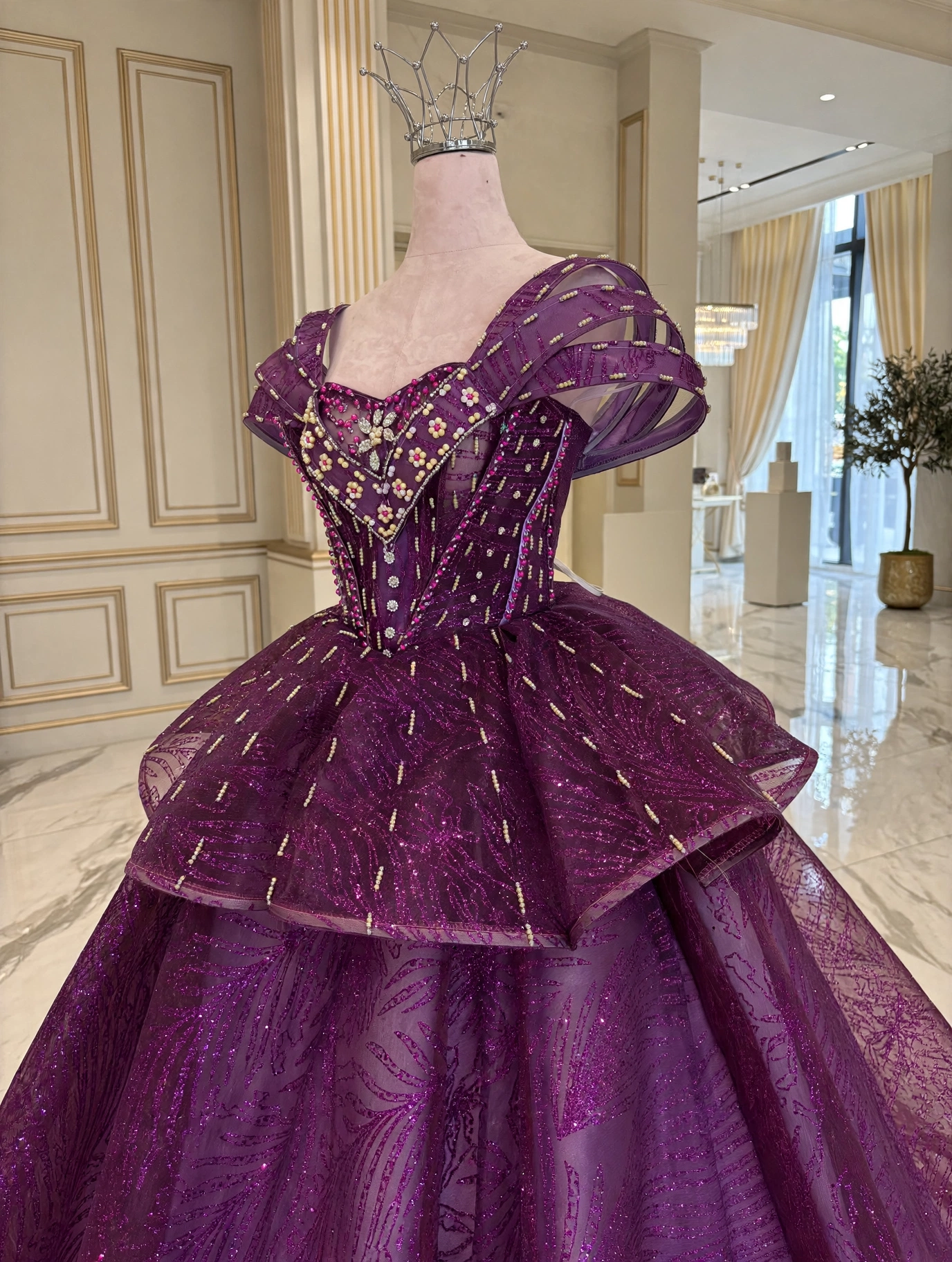 Purple ball gown bodice and draped sleeve detail