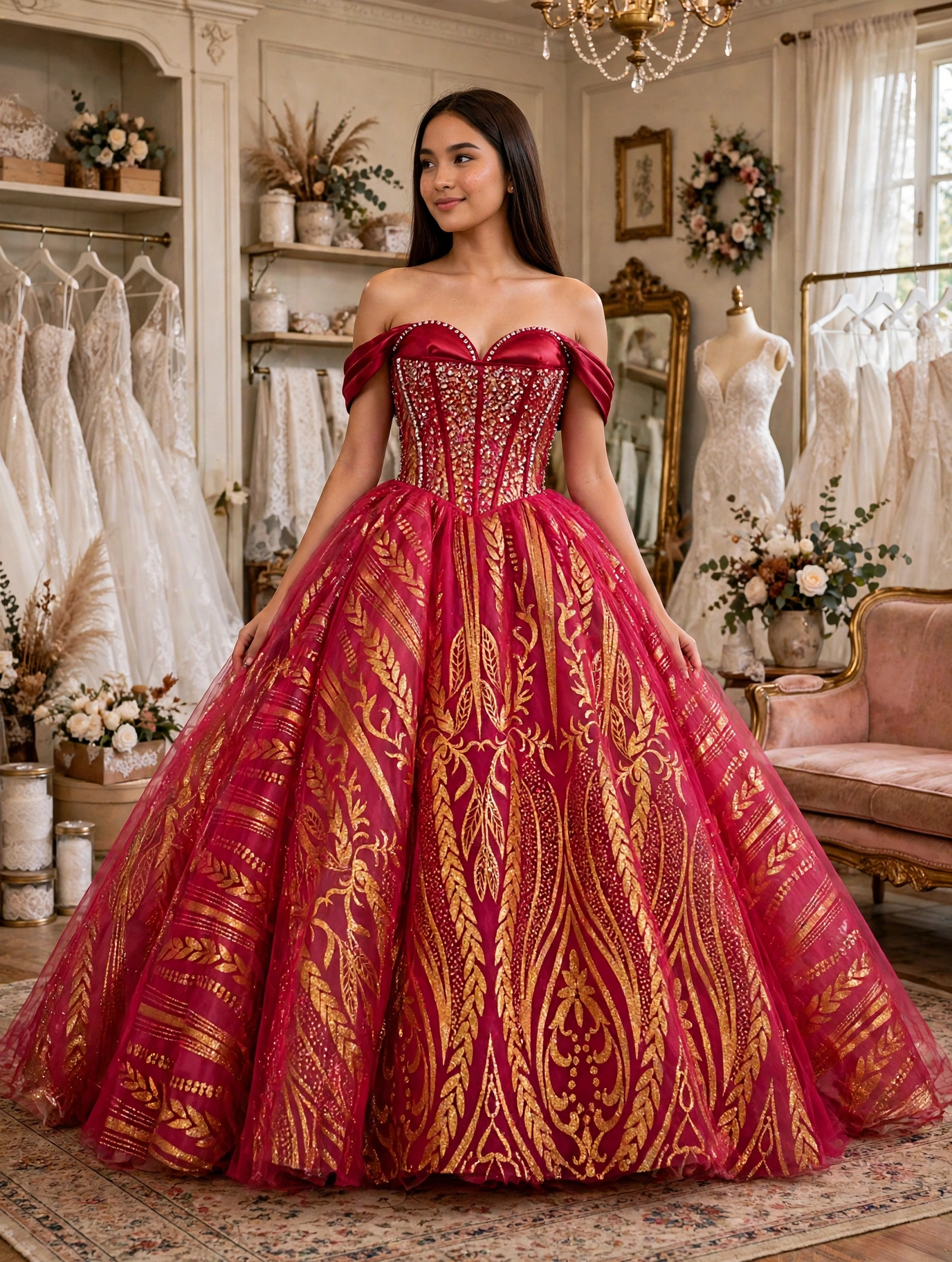 Red and gold quinceanera ball gown, alternate view