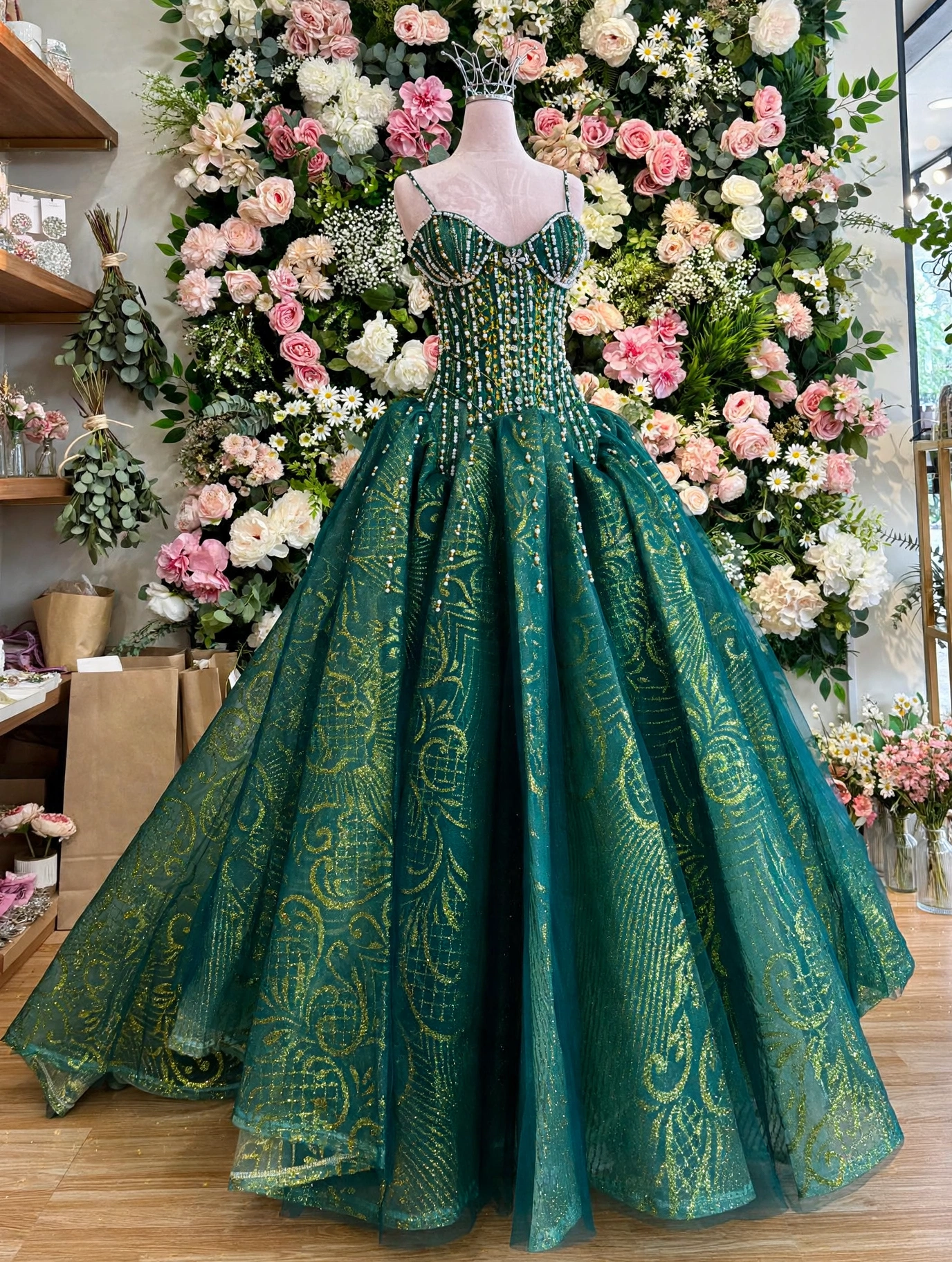 Emerald green ball gown, side view
