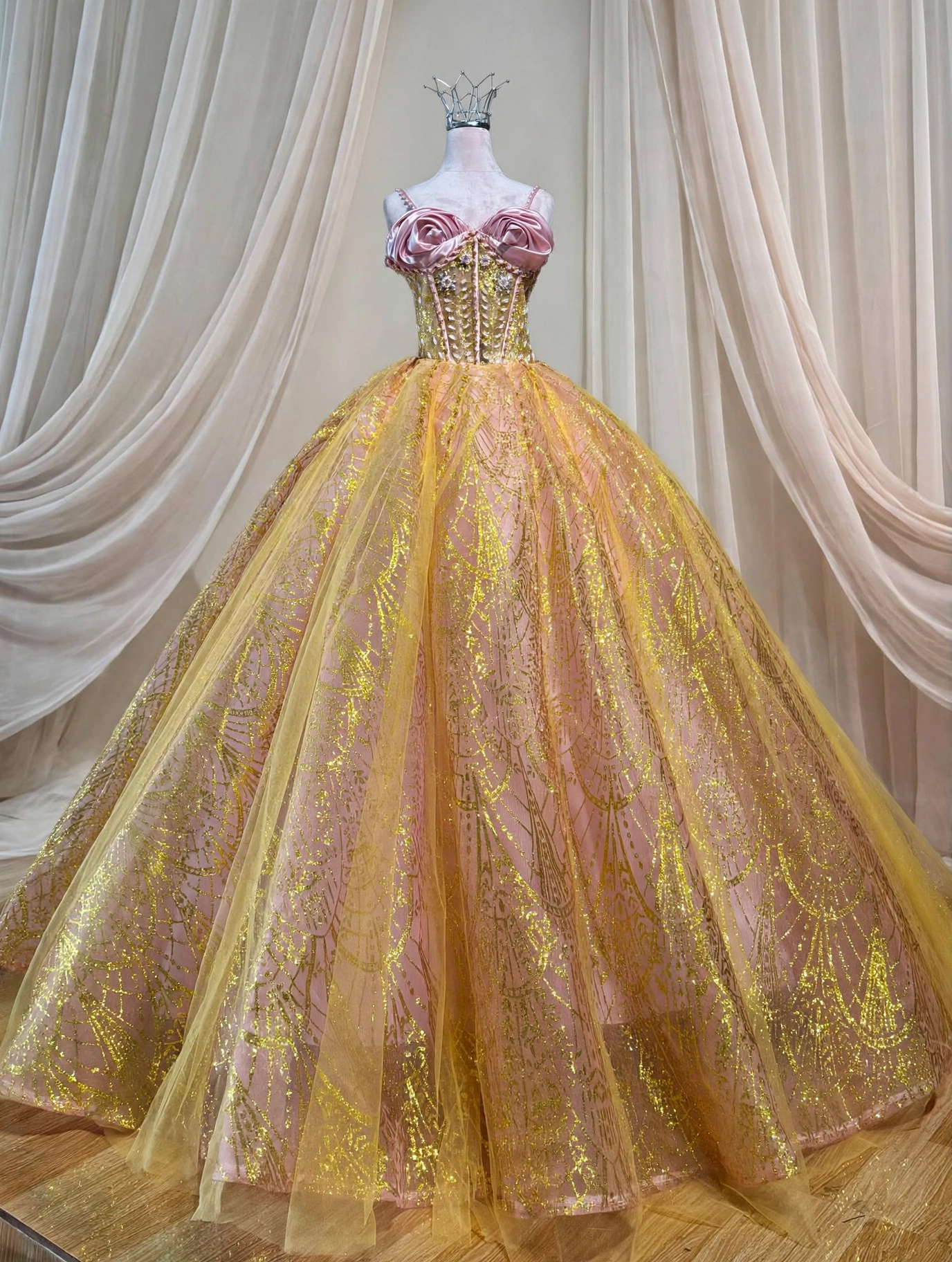 Champagne blush ball gown, side view