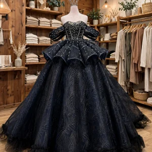 Black and gold quinceanera dress with beaded corset, front view