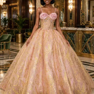 Blush champagne quinceanera dress with 3D flowers, front view
