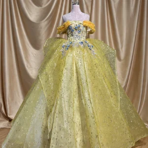 Gold quinceanera dress with blue 3D floral appliques, front view