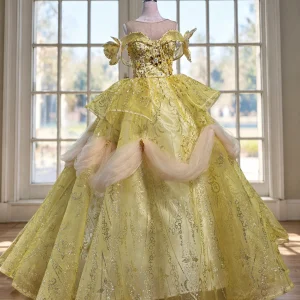 Gold quinceanera dress with bow sleeves, front view