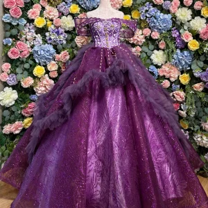 Hot pink quinceanera dress with off-the-shoulder sleeves, front view