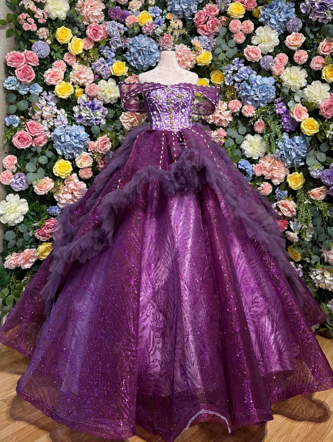 Hot pink quinceanera dress with off-the-shoulder sleeves, front view