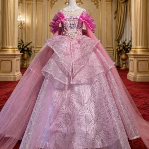 Pink quinceanera dress with off-the-shoulder ruffle sleeves, front view