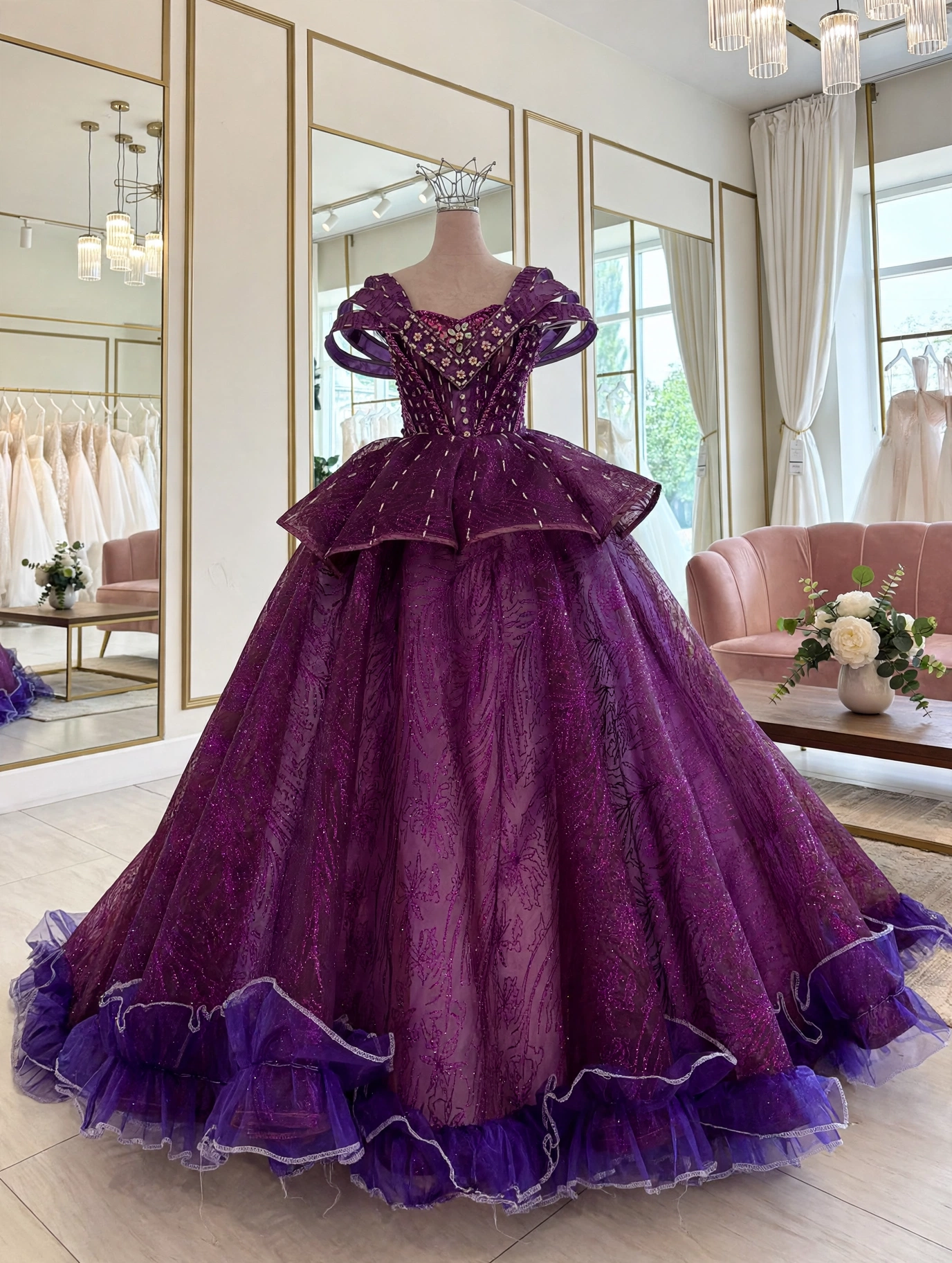 Purple quinceanera dress with heavily beaded bodice, front view