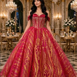 Red quinceanera dress with off-the-shoulder neckline, front view