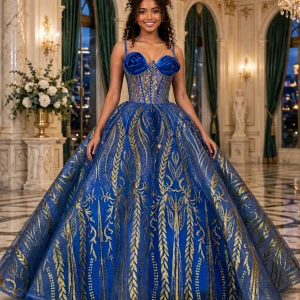 Royal blue quinceanera dress with gold baroque embroidery, front view