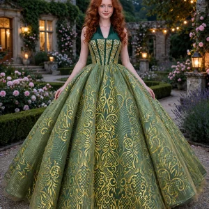 Sage green halter quinceanera dress, front view
