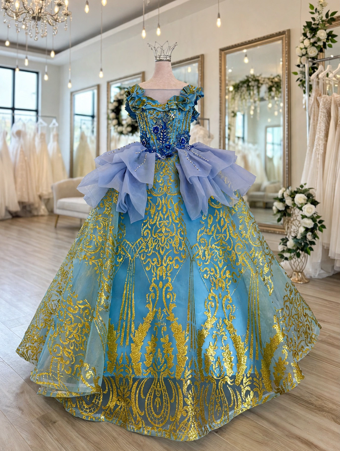 Turquoise and gold baroque quinceanera dress, front view
